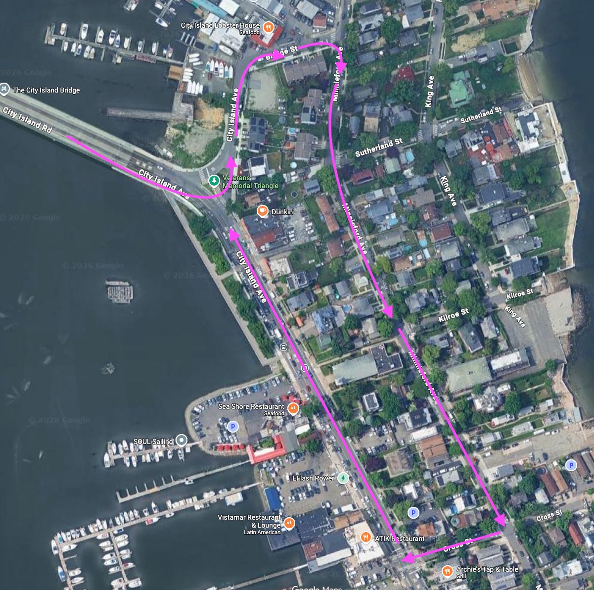 Aerial map of the one-direction drop-off loop: up City Island Ave, out along Bridge St, down Minnieford Ave, back along Cross St