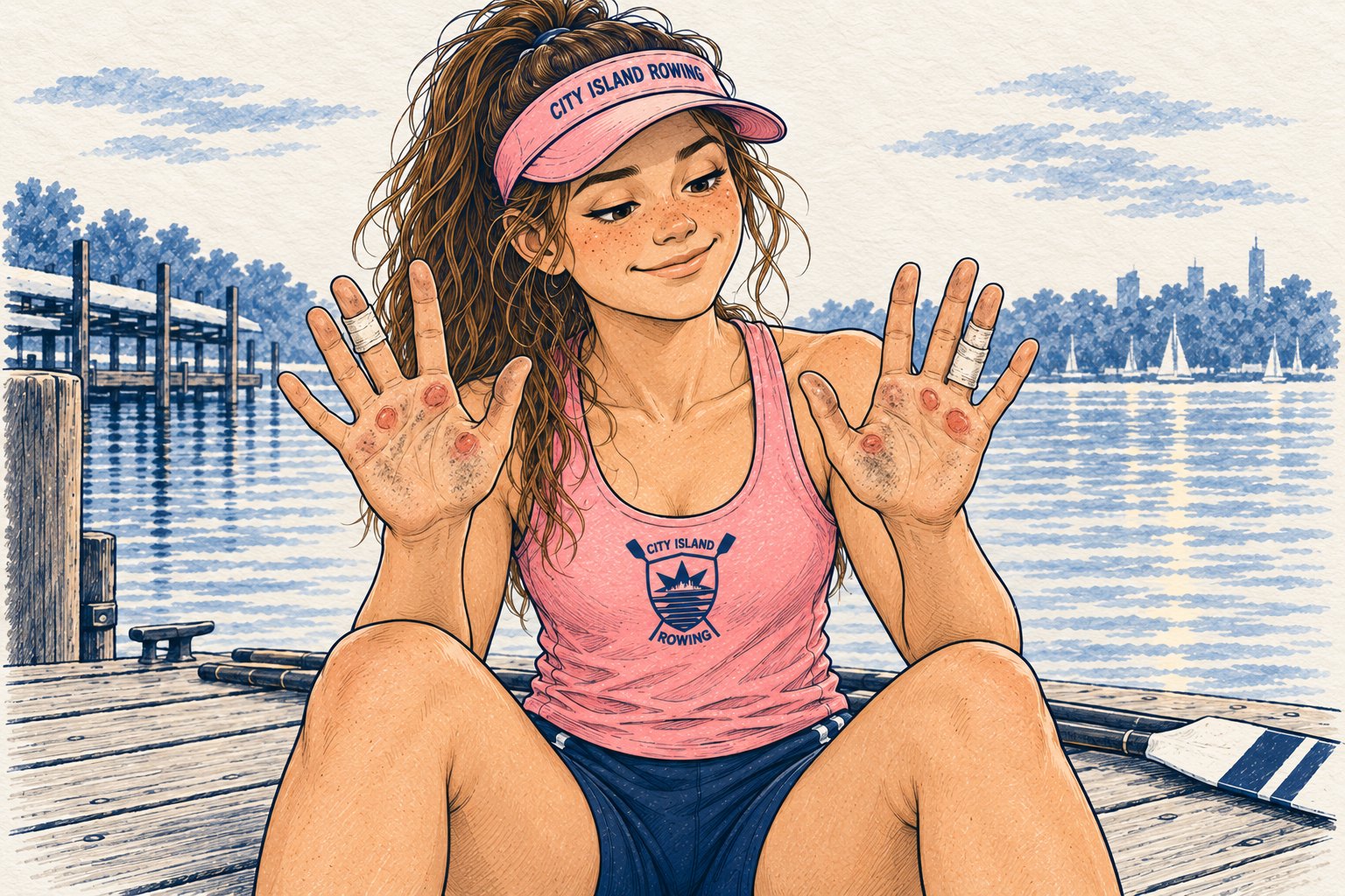 Sally on the dock, palms up, blisters and tape