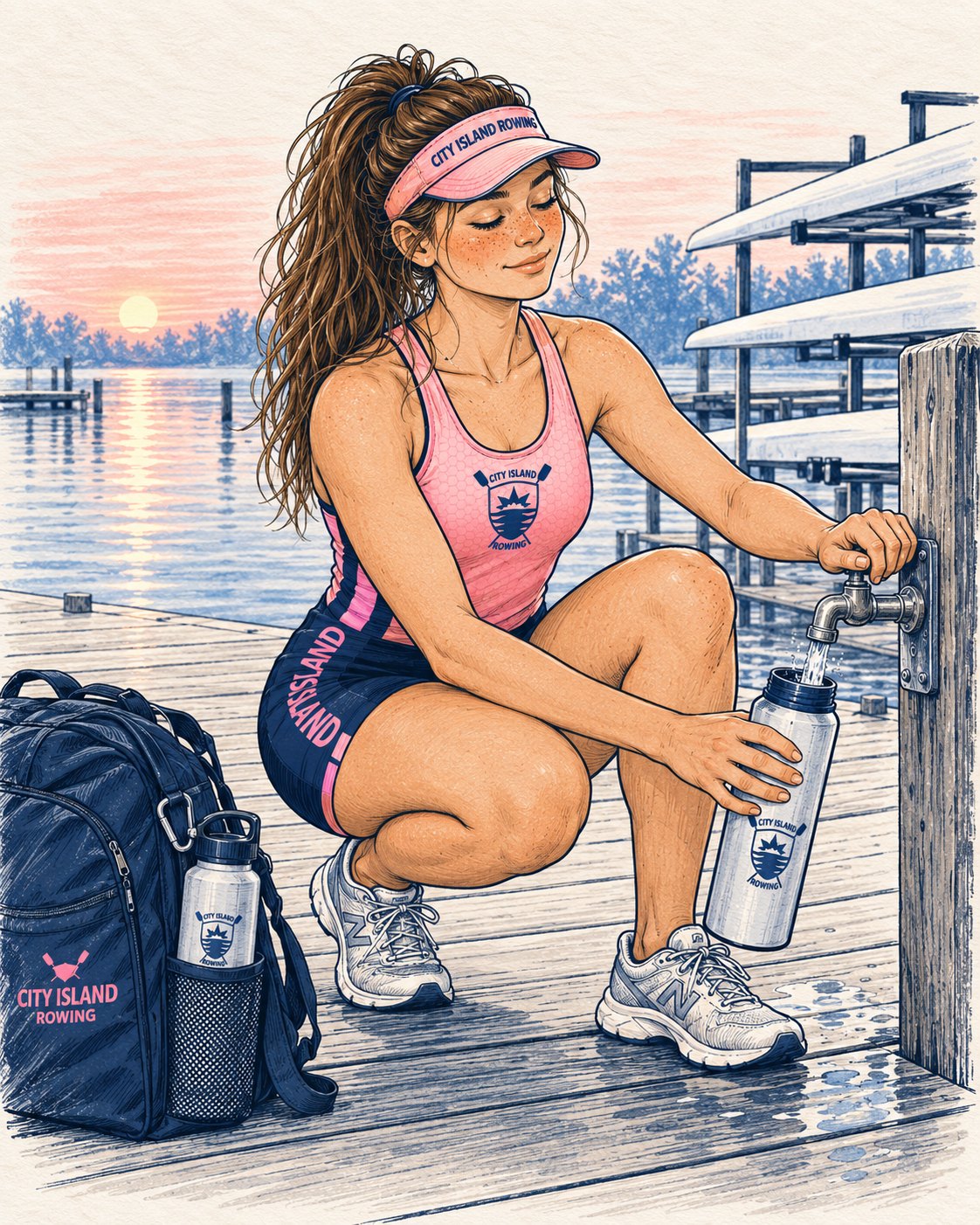 Sally filling two water bottles at the dock tap in early light