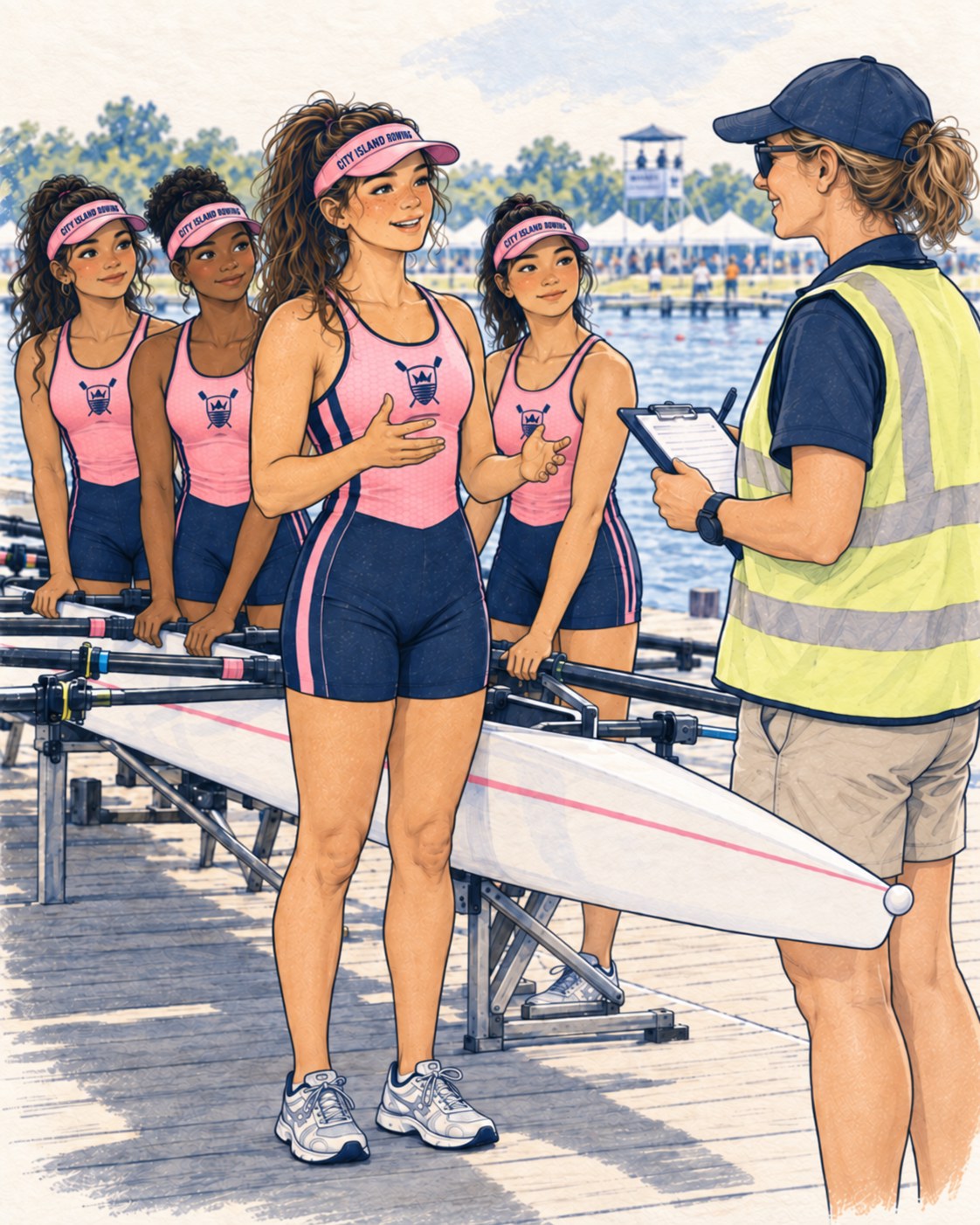 Sally at the bow of a four on the launch dock, speaking to a regatta official with a clipboard while her crew looks on