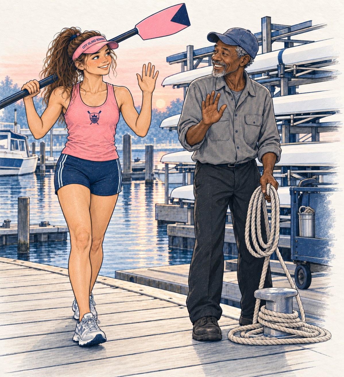 Sally with an oar over her shoulder, waving to a marina worker coiling a line on the dock