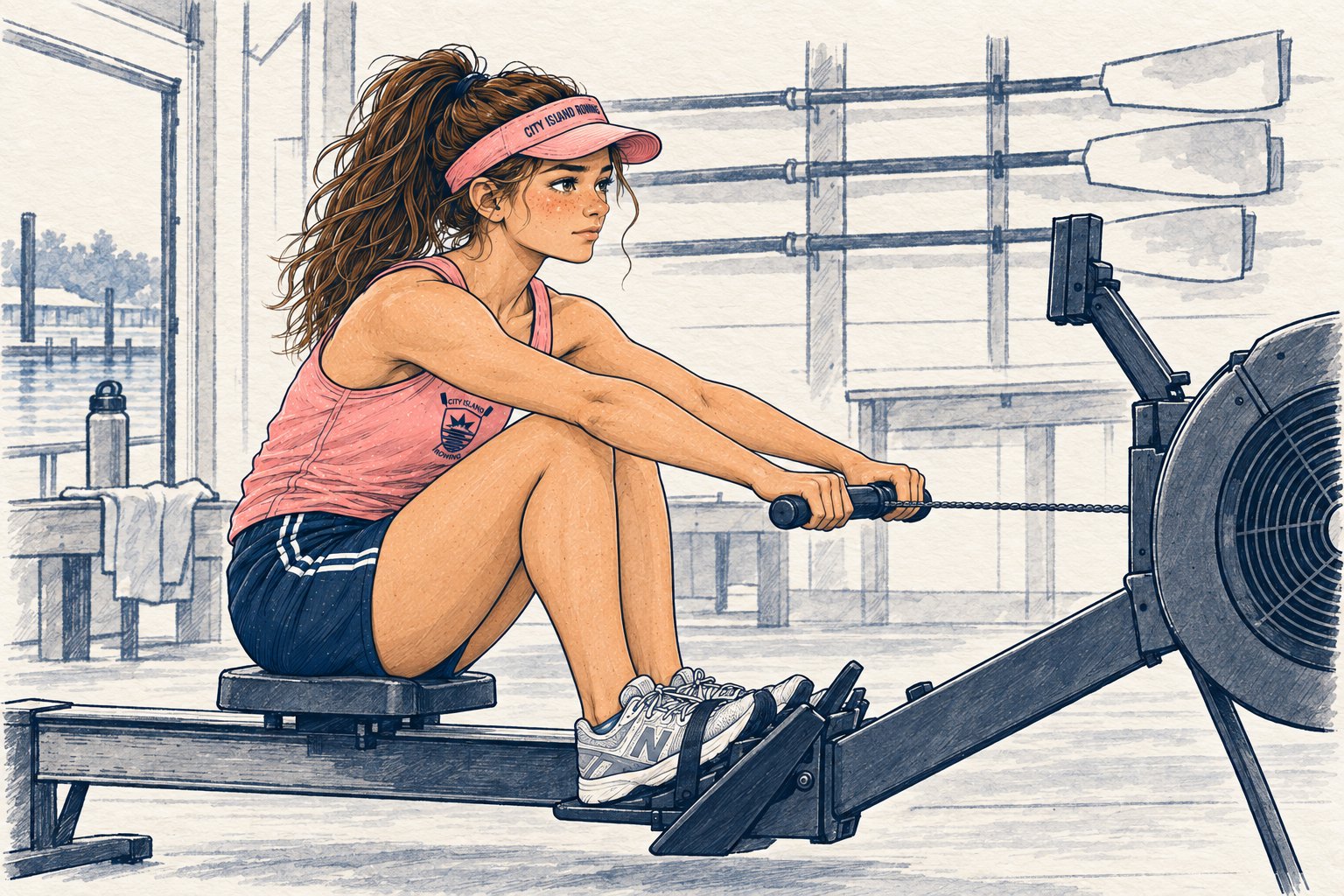 Sally at the catch on the rowing machine