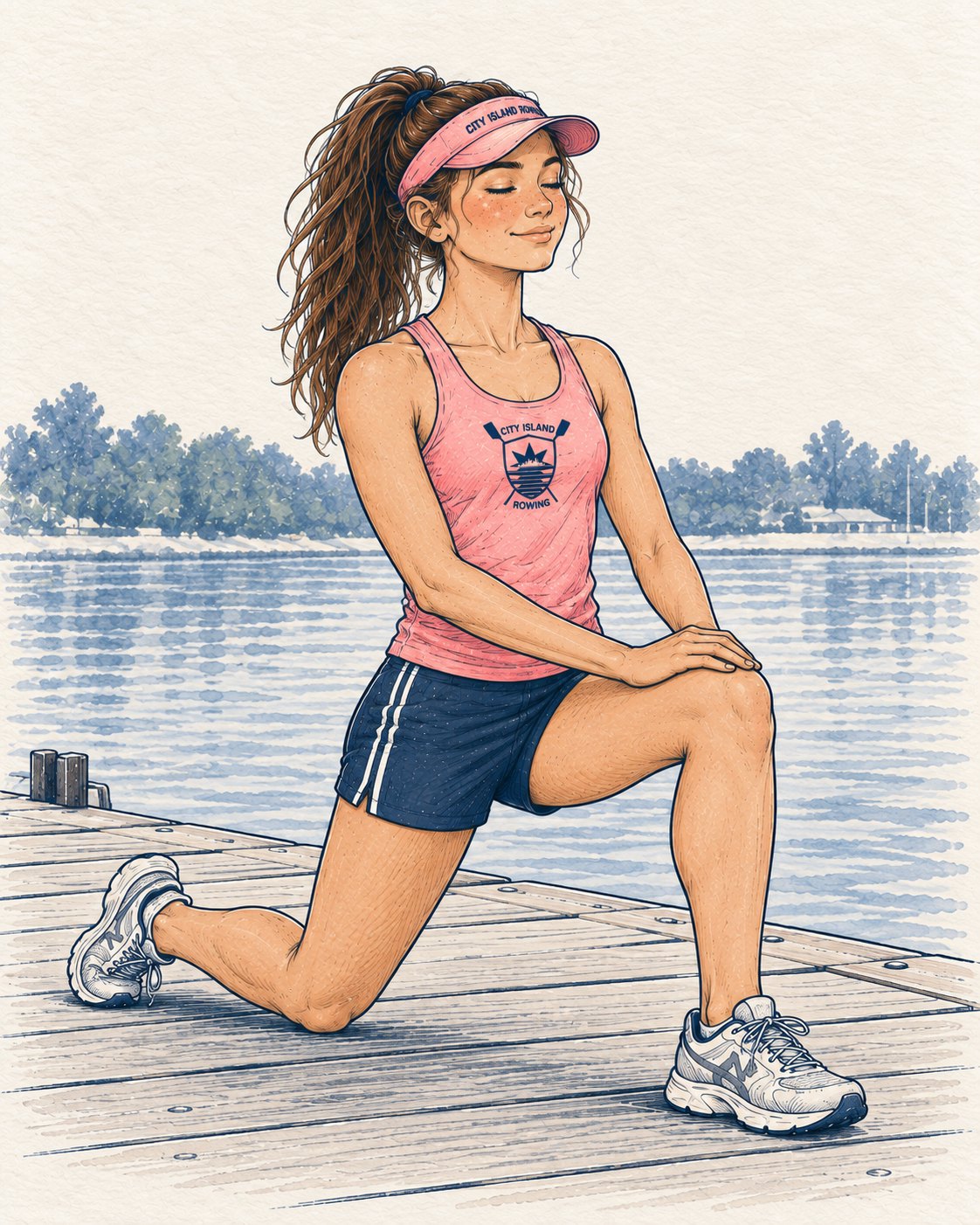 Sally in a half-kneeling hip flexor stretch on the dock