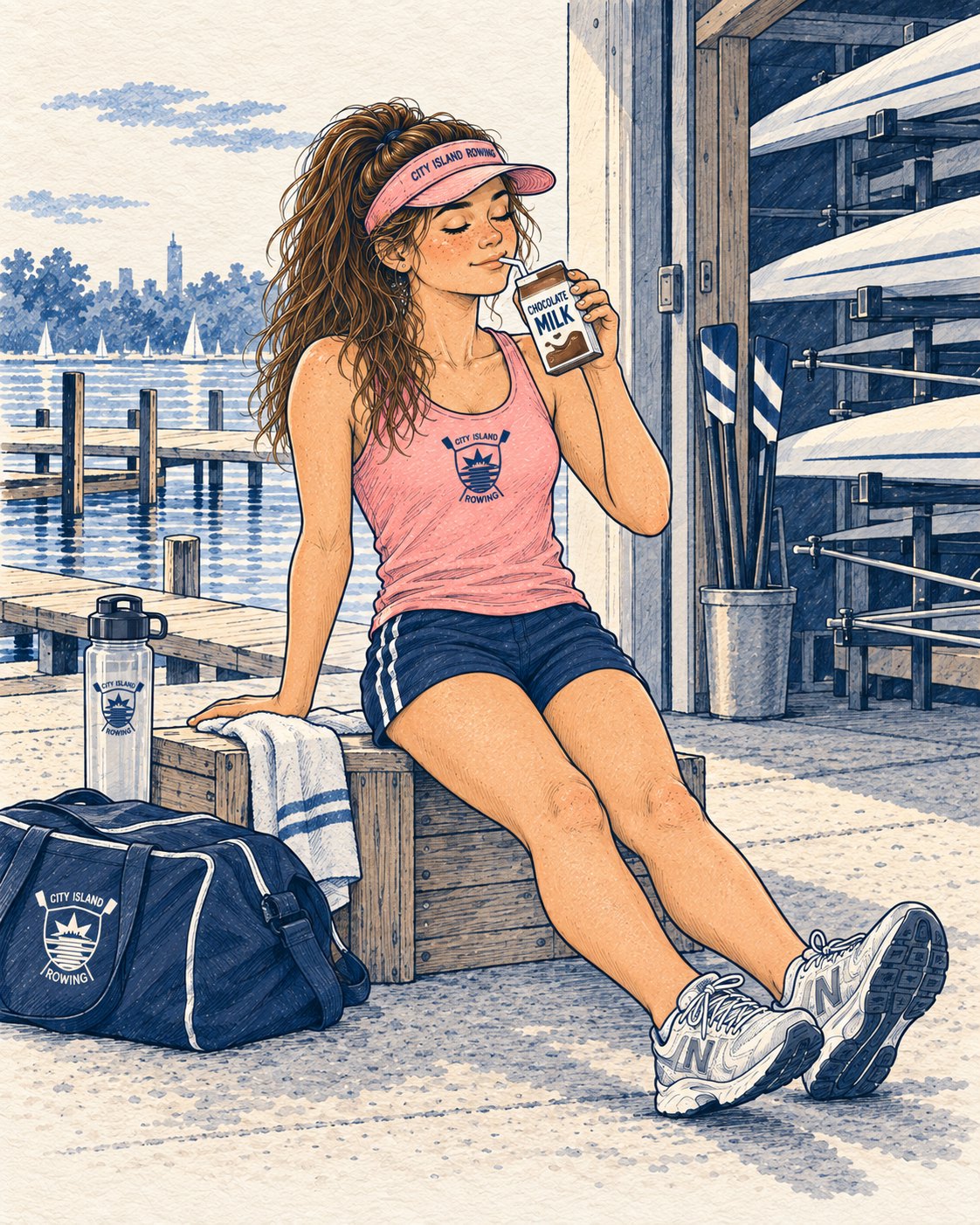 Sally outside the boathouse after practice, drinking chocolate milk