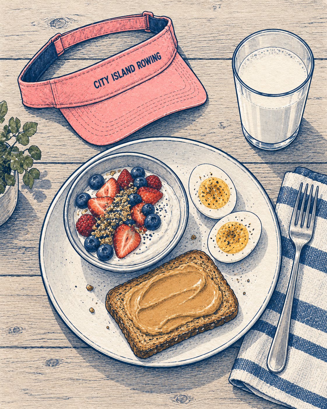 A post-practice plate seen from above: Greek yogurt with berries, boiled eggs, toast with peanut butter, a glass of milk, and Sally's visor