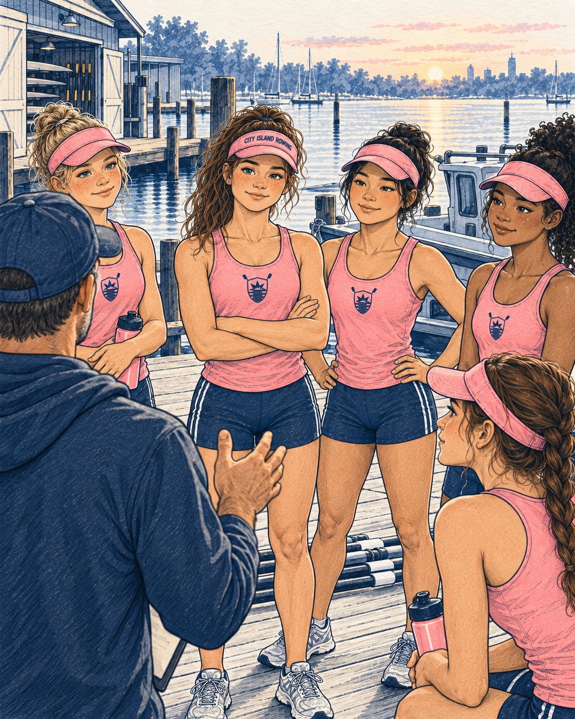 Sally at the edge of the dock huddle, listening to the coach
