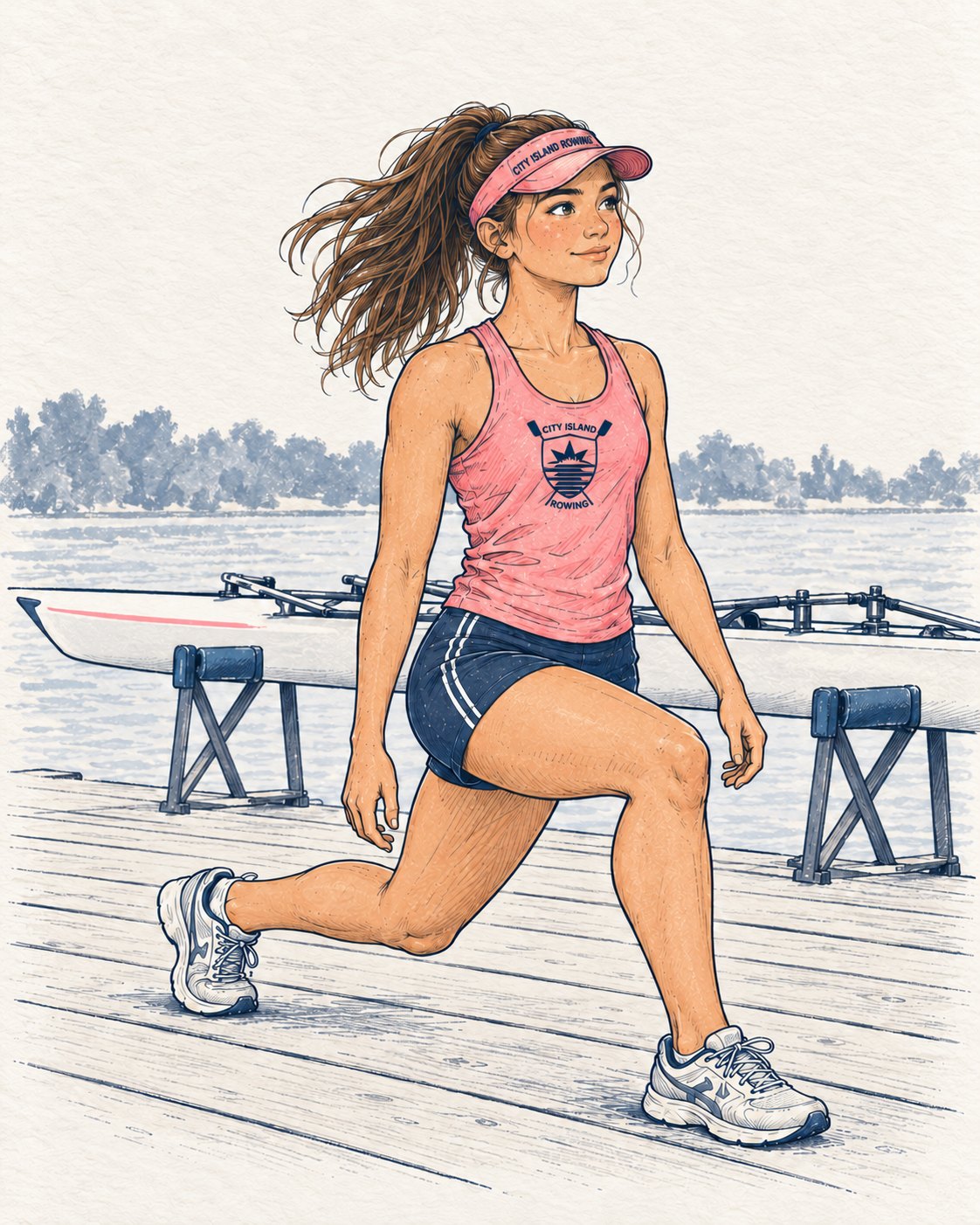 Sally doing a walking lunge on the dock with a shell on slings behind her